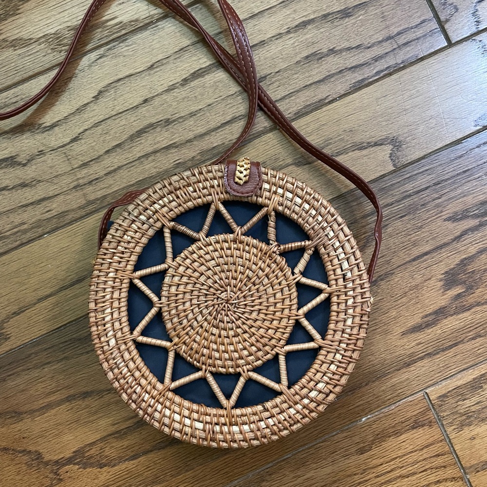 Round rattan woven crossbody bag